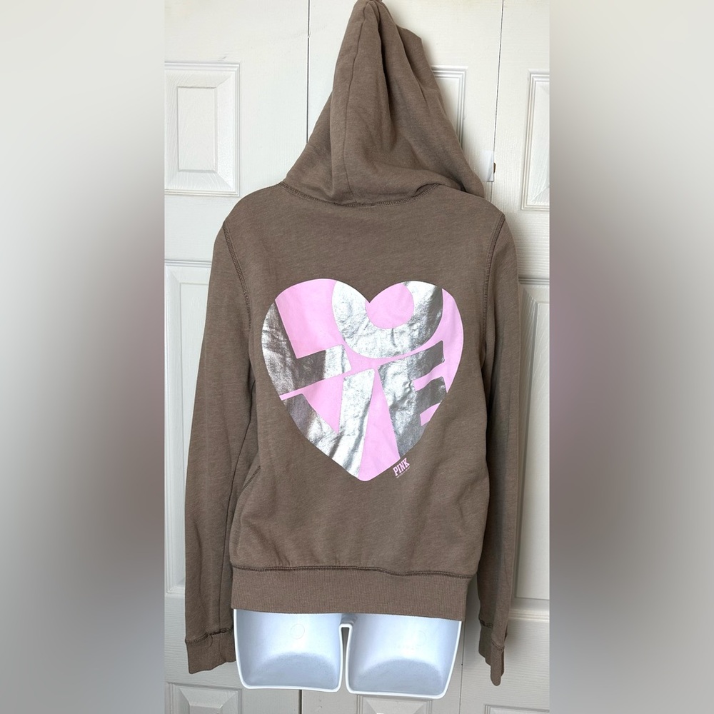 PINK Victoria’s Secret LOVE Taupe Brown Zip-Up Hoodie Sweatshirt Heart Dog Hood